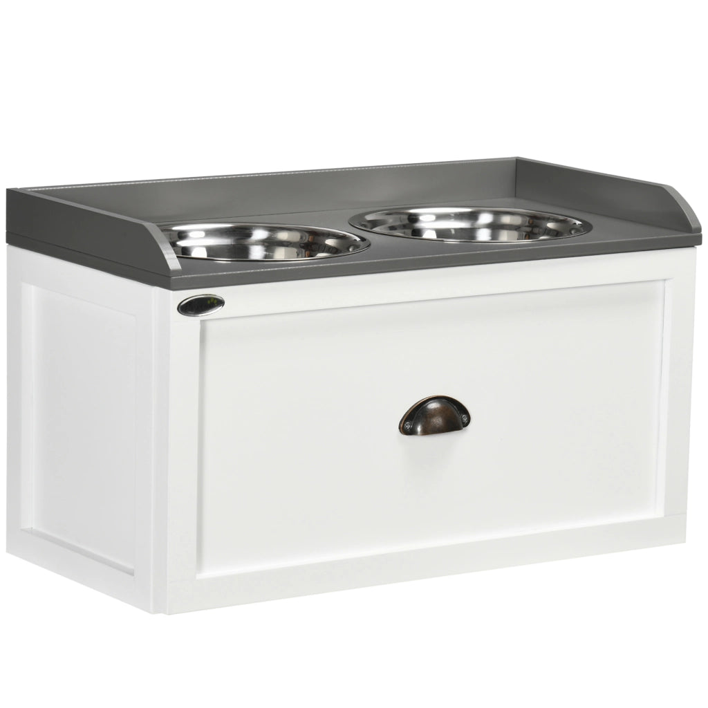 CIOTOLA PER CANI RIALZATA CON CASSETTO 60x30x36 cm ACCIAIO INOX BIANCO