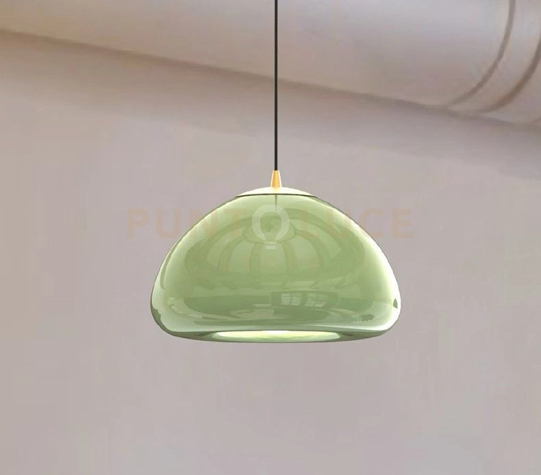 LUXOR-V Sospensione 1 luce in vetro verde con particolare in ottone spazzolato e cavo nero in tessuto regolabile lungo 400cm Attacco E27 senza base
