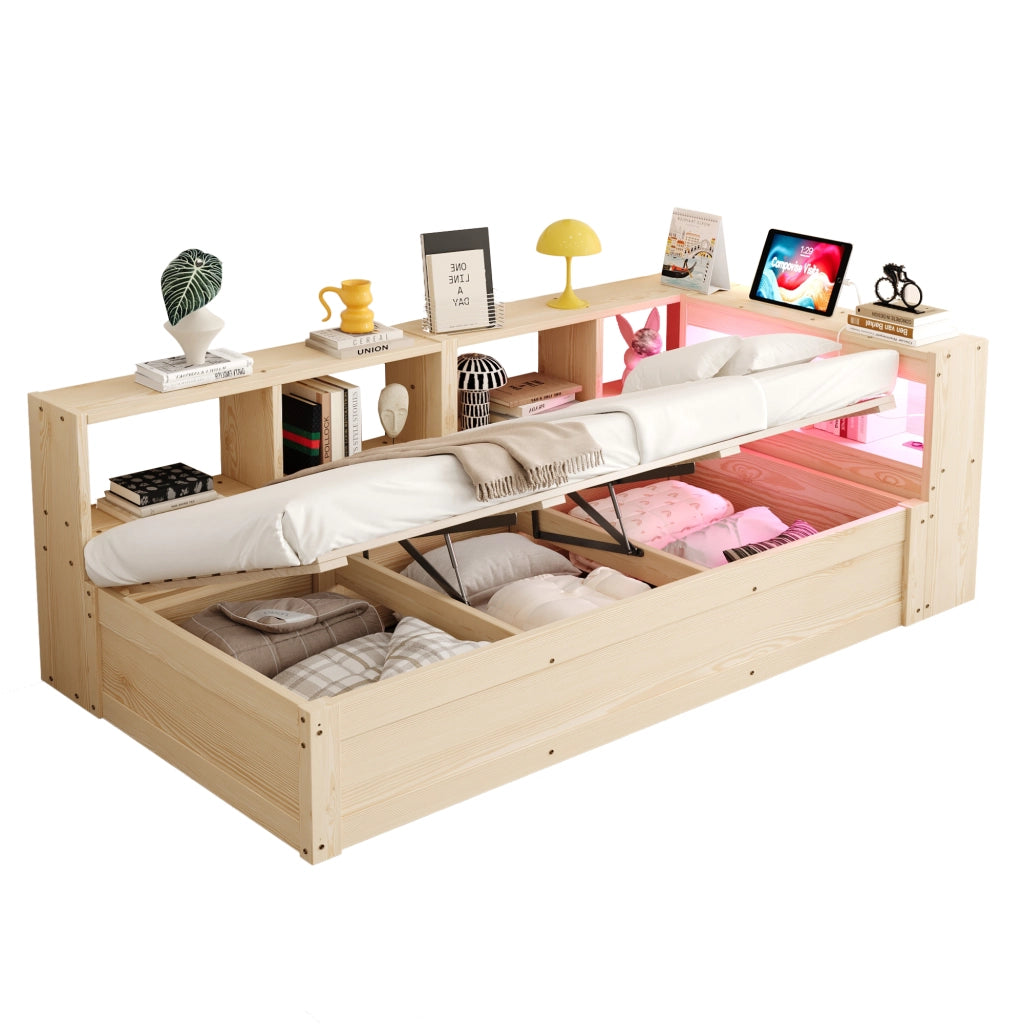 Letto singolo con contenitore 90 × 200 cm idraulico con vani; LED e presa integrata in legno naturale