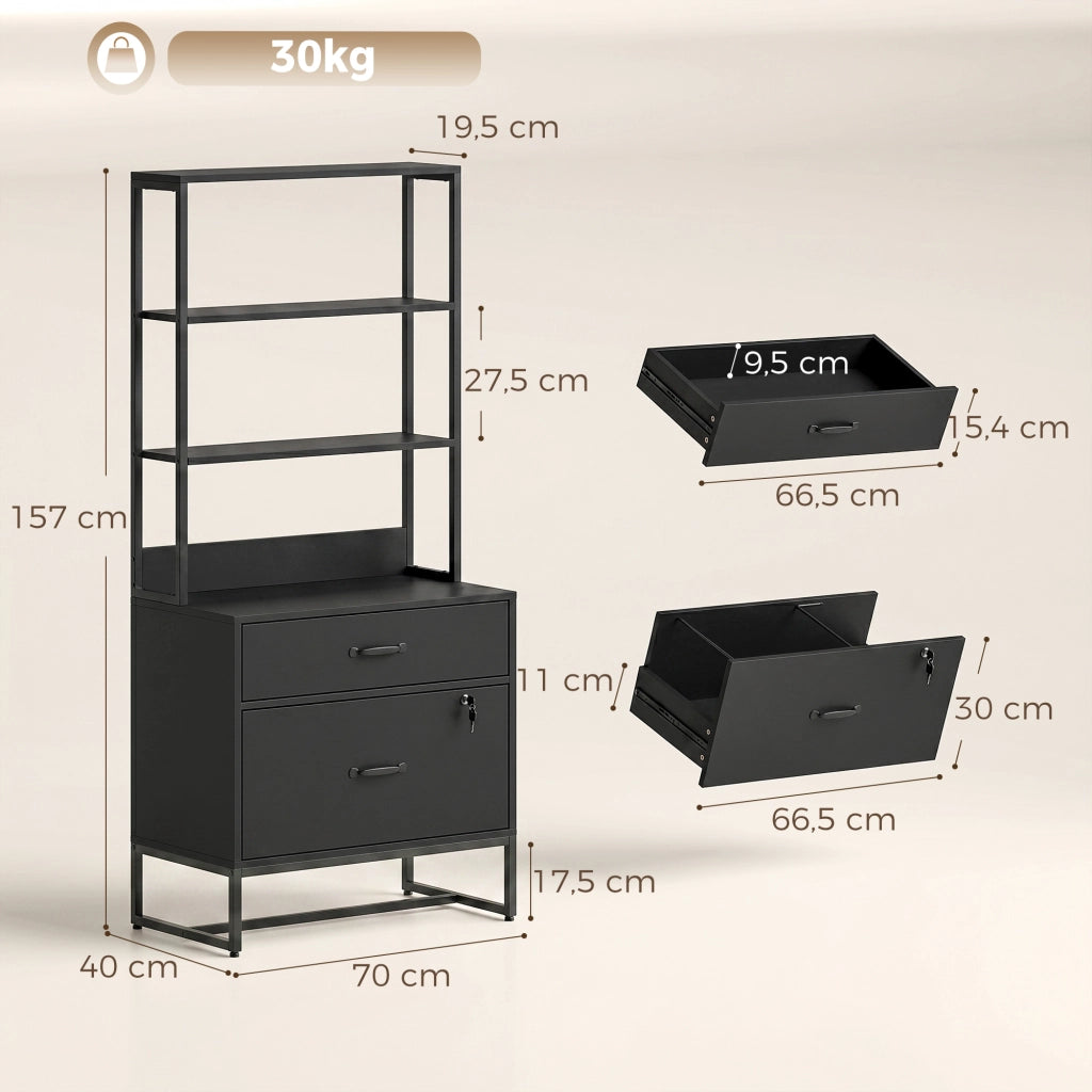 Mobile Archivio Ufficio con 2 Cassetti con Serratura e Libreria Schedario per Formato A4 e Letter Nero