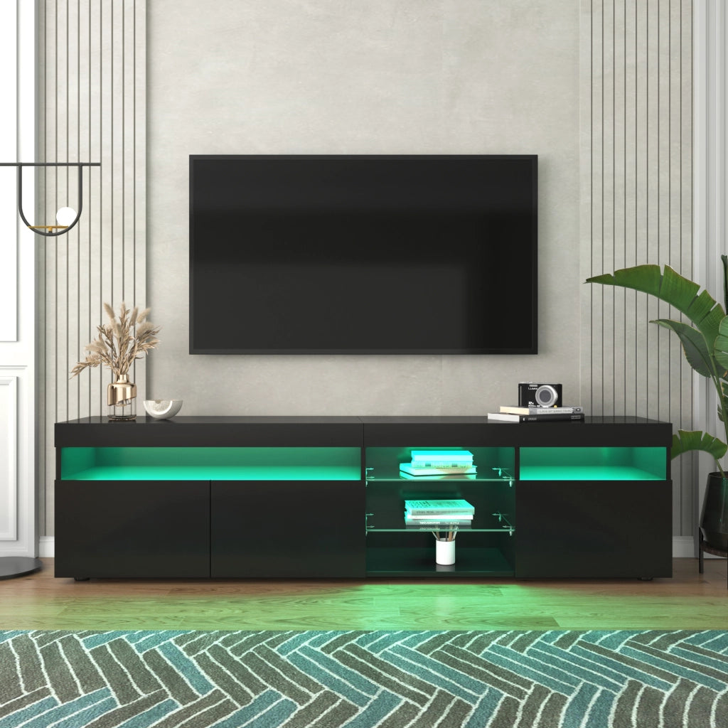 Mobile TV con 3 ante LED a colori variabili e 4 modalità in MDF nero lucido con laminato in vetro per soggiorno