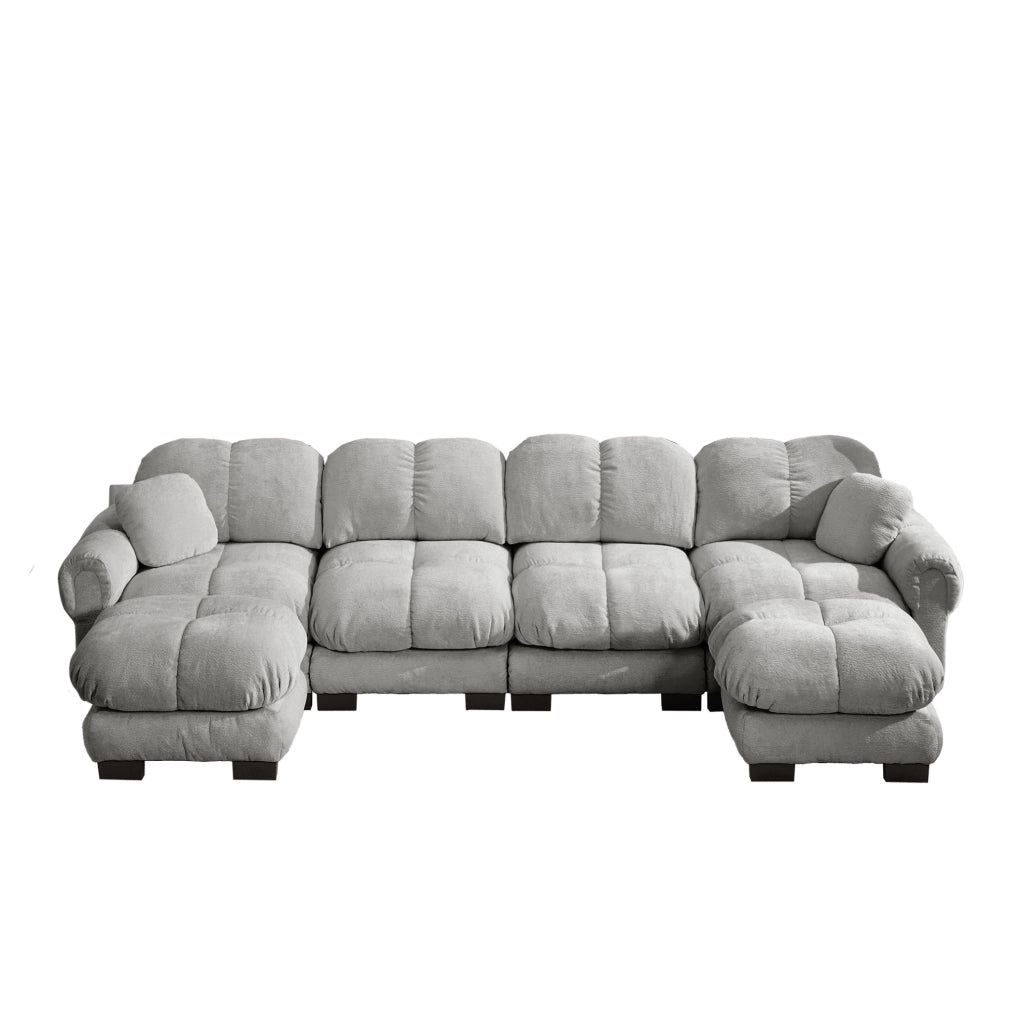 Divano modulare a U 4 posti 330x149x90 cm in ciniglia grigio chiaro, 2 pouf