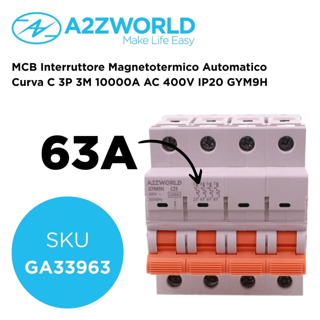 MCB Interruttore Magnetotermico Automatico Curva C 3P 3M 10000A AC 400V IP20 GYM9H, Accoppiabile Con Bobina di Sgancio GA01231 GA01232, Disponibili 16A 20A 25A 32A 40A 63A (C63A)