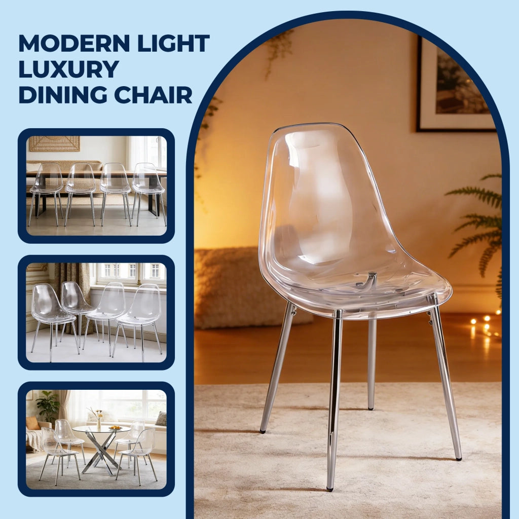 Set 4 Sedie a Cucchiaio in PET Acrilico Trasparente, Gambe Argento Eleganti, Design Moderno Chic per Sala da Pranzo