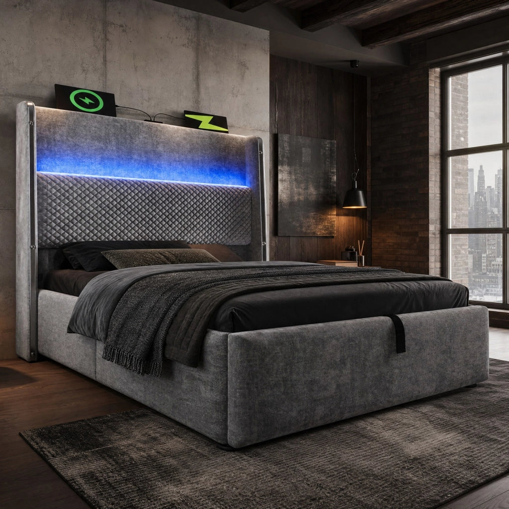 Letto singolo idraulico con testiera alta, LED e porte USB/Type-C