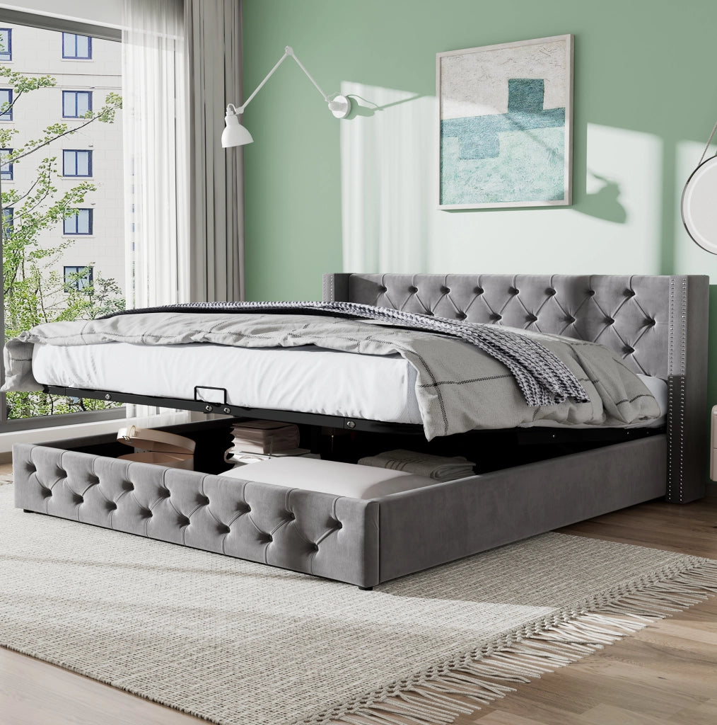 Letto matrimoniale 160x200 cm con contenitore idraulico in velluto; grigio