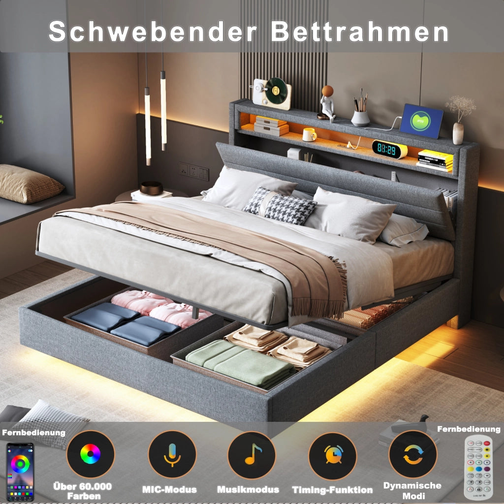LETTO Imbottito Contenitore 140x200 cm Grigio con USB e LED