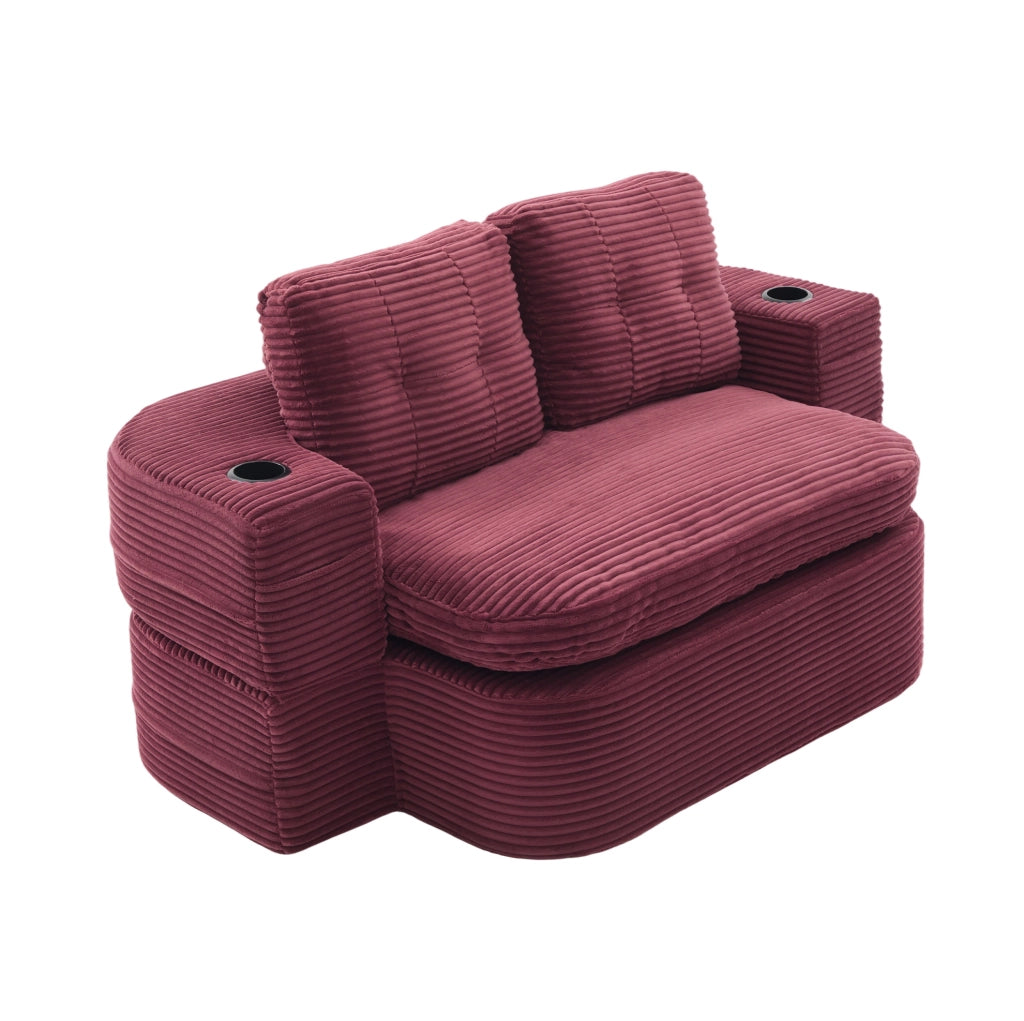 Poltrona letto 2-in-1 in velluto a coste, divano convertibile con braccioli regolabili e doppio porta bevande, colore vino