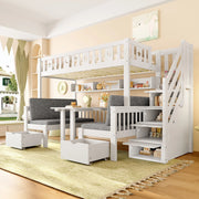 Letto a Soppalco 90x200 cm in Legno di Pino con Scrivania; Scaffali; Sponde di Sicurezza; Scala; Bianco