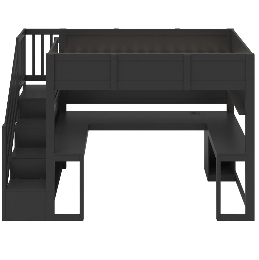 Letto a soppalco ULEVR 90x200 cm con scrivania, scala con 4 vani, LED a 7 colori e USB, nero