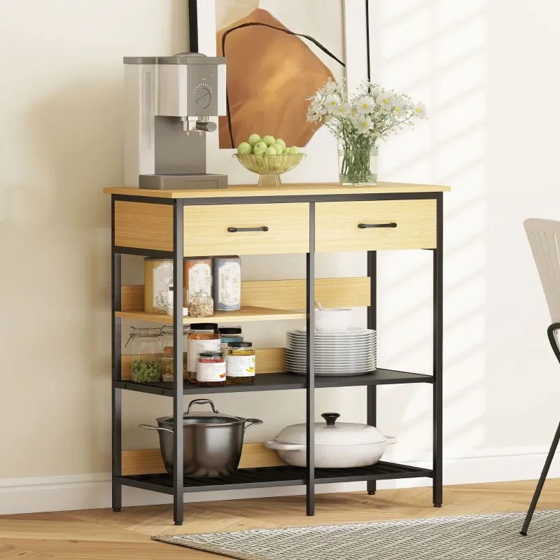 Sideboard in legno naturale con 2 cassetti e 3 ripiani aperti, 90x40x91 cm, per cucina e soggiorno
