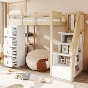 Letto a soppalco 90x200 cm con 4 cassetti e libreria; legno naturale HOMVRA