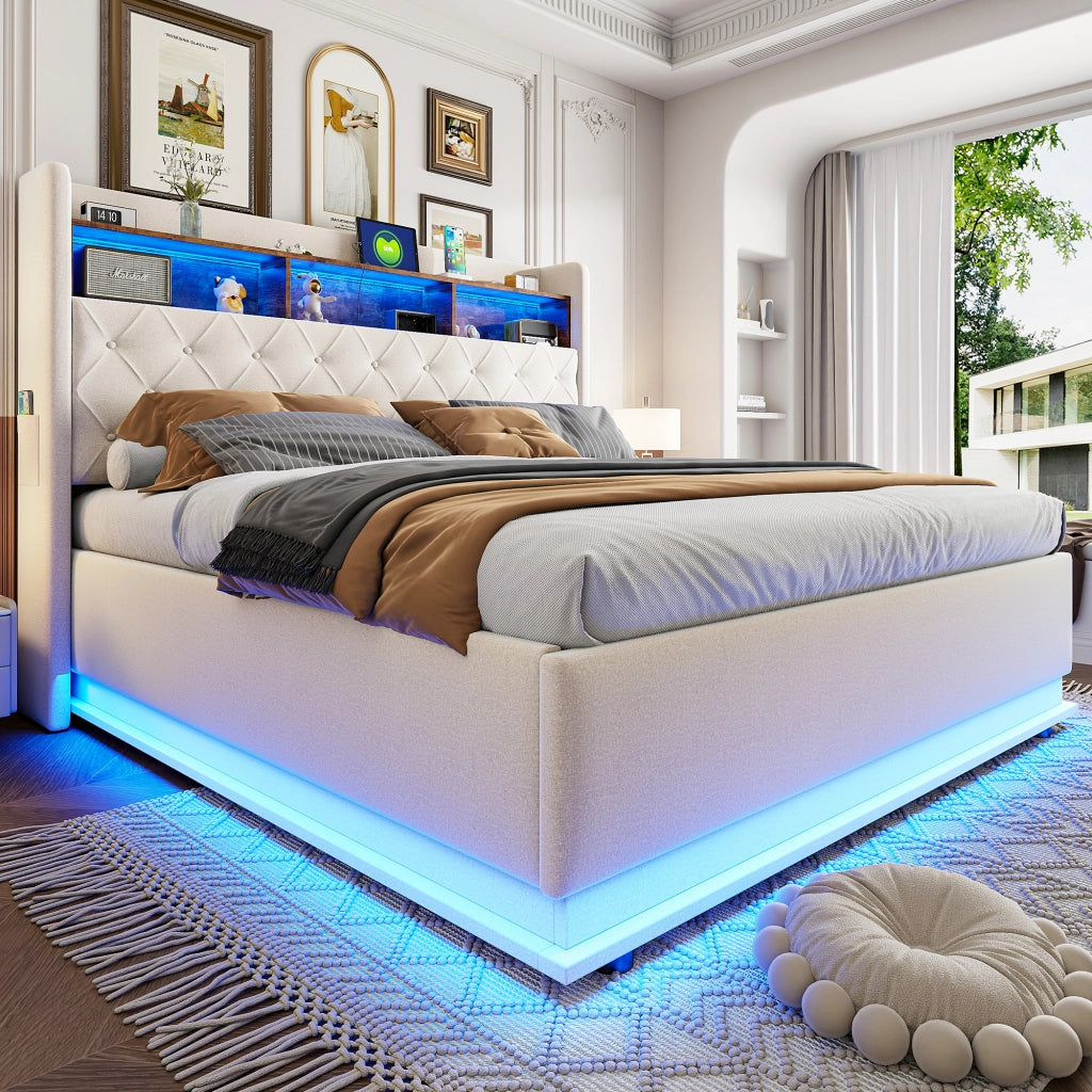 Letto matrimoniale imbottito 180 x 200 cm con luci LED multicolore; vano contenitore idraulico e presa USB; beige