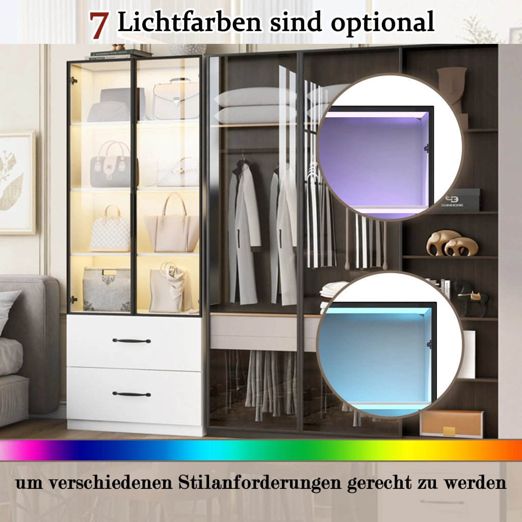 Vetrina LED con 2 ante in vetro e 2 cassetti, luce multicolore, per soggiorno e camera, bianca, 60 × 40 × 160 cm