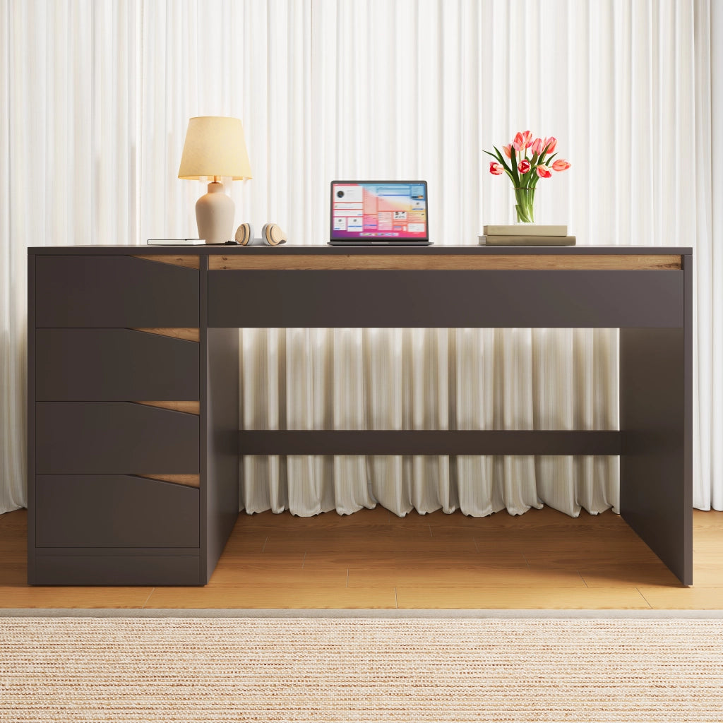 Scrivania dritta con 5 cassetti in MDF grigio con elementi effetto rovere piano di lavoro 140 × 50 × 78 cm