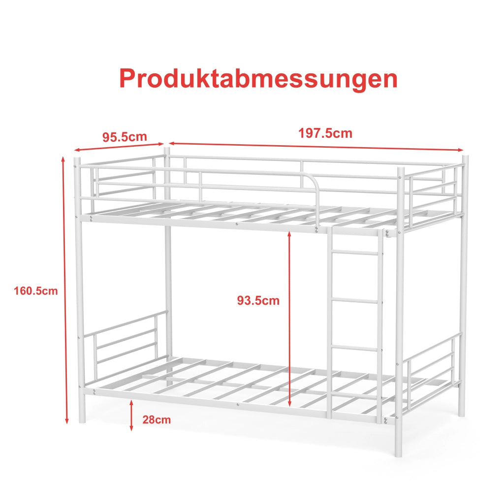 Letto a castello 90 × 190 cm 2 posti con scala e barriera anticaduta, senza materasso, acciaio bianco