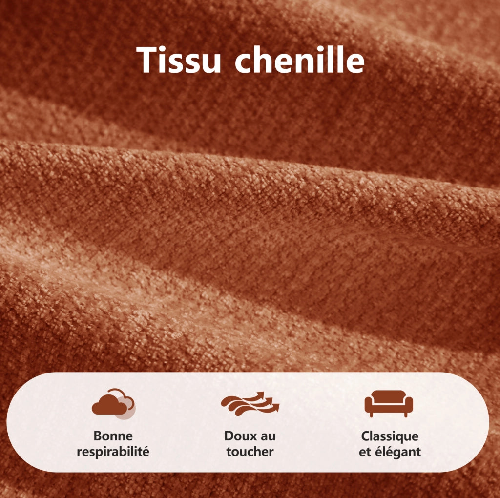 Divano modulare senza telaio 2 posti in chenille arancione con cuciture a quadri e 2 pouf, comodo e flessibile per soggiorno e appartamenti