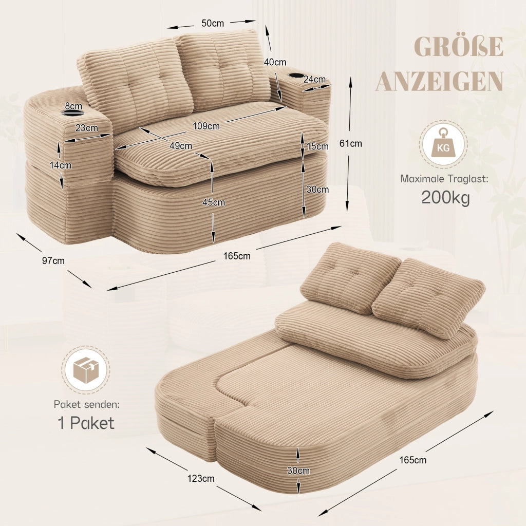 Poltrona letto 2 in 1 - con funzione relax e doppio portabicchieri - in velluto a coste - cachi