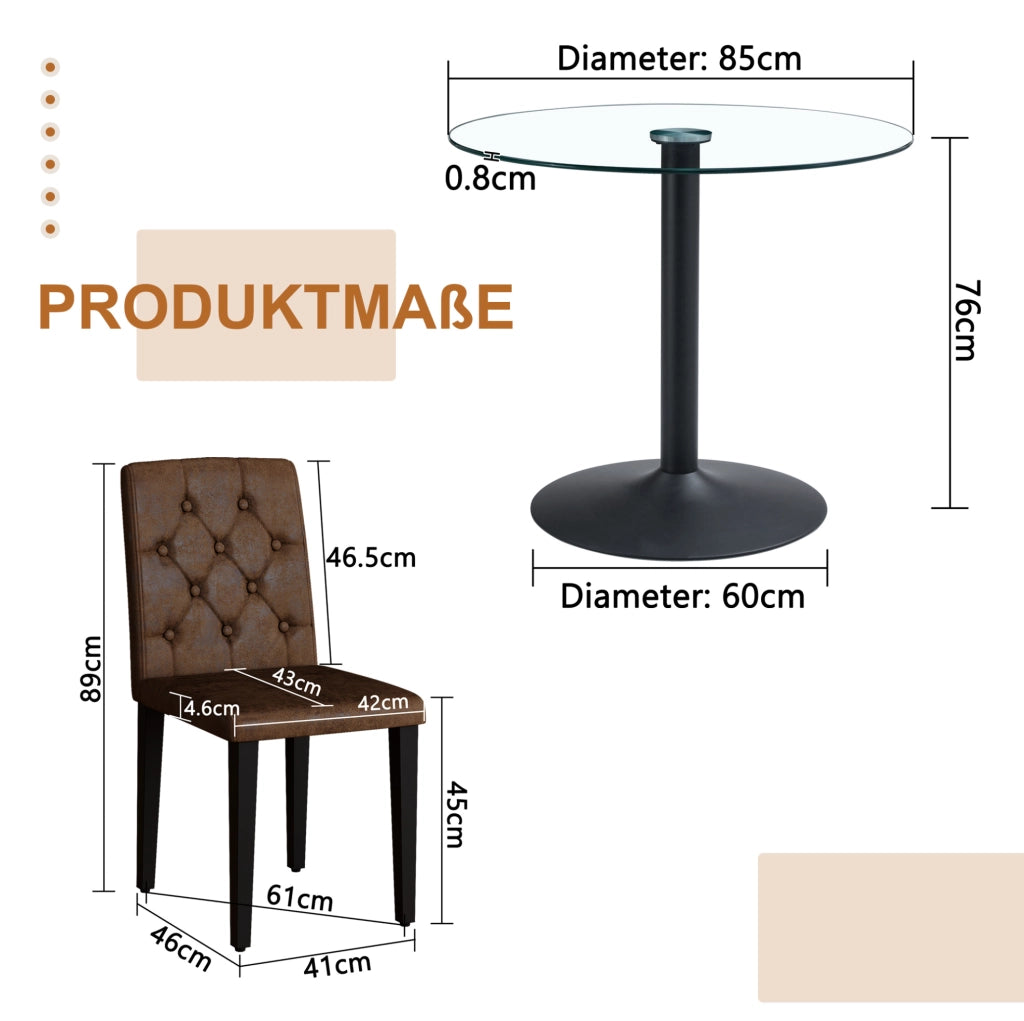 Set da pranzo moderno con tavolo rotondo in vetro Ø 85 cm e 4 sedie in similpelle marrone retrò