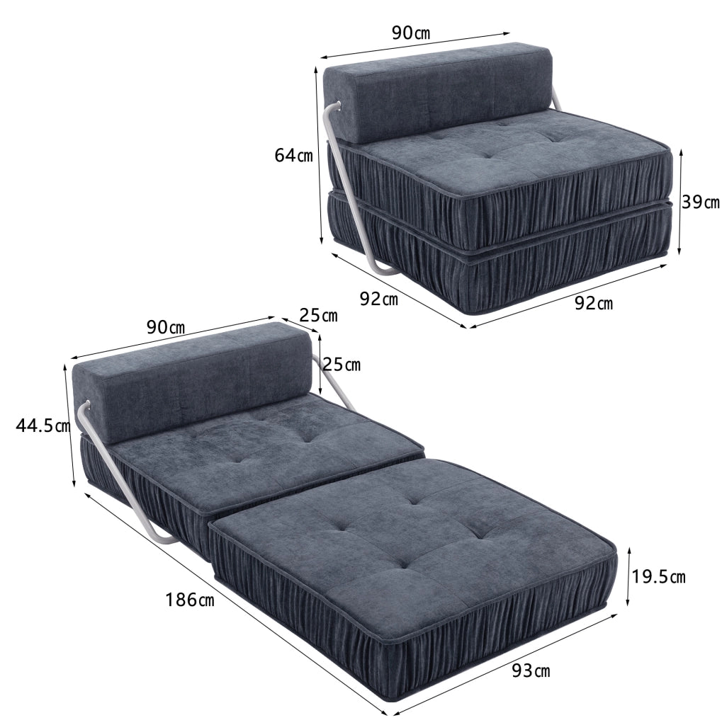 Divano letto pieghevole 186x93 cm con rivestimento in ciniglia grigia