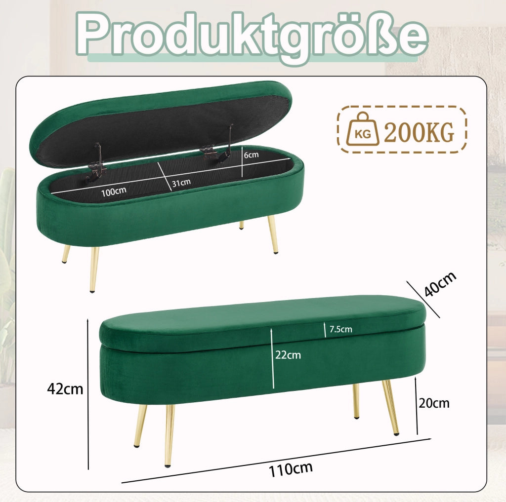 Panca contenitore multifunzione in velluto verde con telaio in legno massello e gambe in metallo, 110x40x42 cm, 20L di spazio