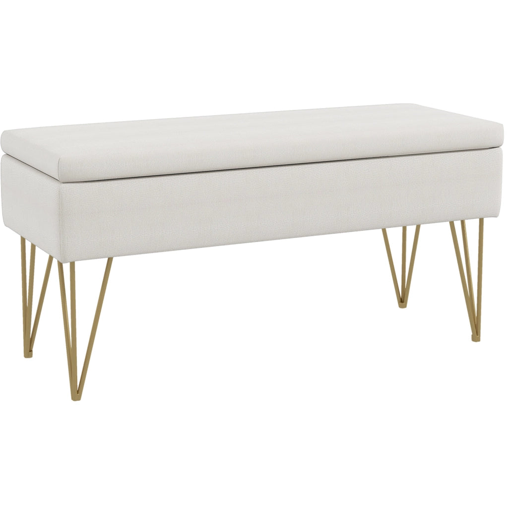 Panca contenitore imbottita in tessuto effetto lino crema con strutture in acciaio, 100 x 40 x 49 cm