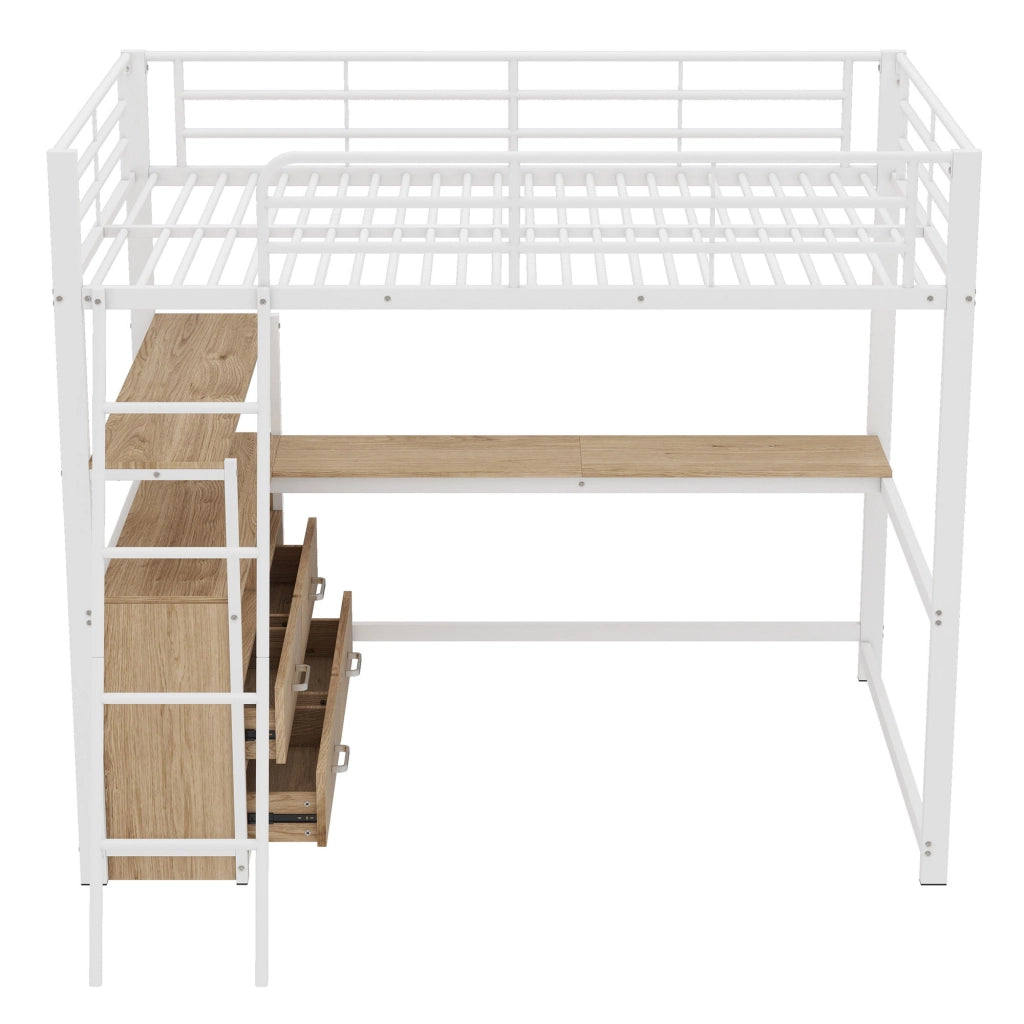 Letto a soppalco bianco 140x200 cm in metallo e MDF con scrivania a L e cassetti