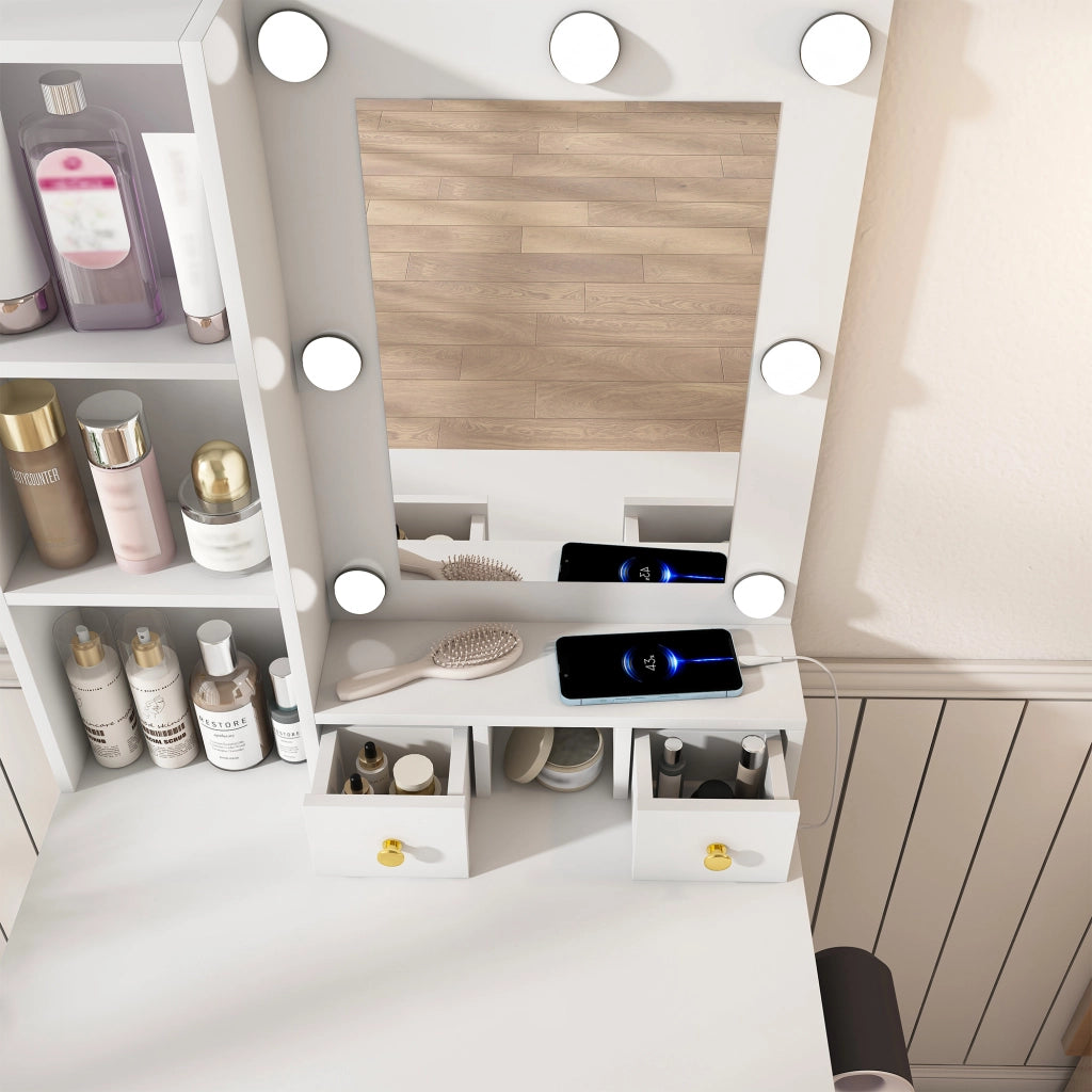 Set da toeletta con sgabello imbottito, specchio a LED, presa di corrente e cassetto, bianco