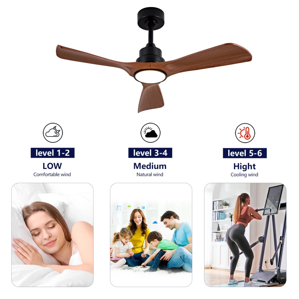 Ventilatore da soffitto con luce LED integrata; motore DC reversibile; pale in ABS nero e noce scuro