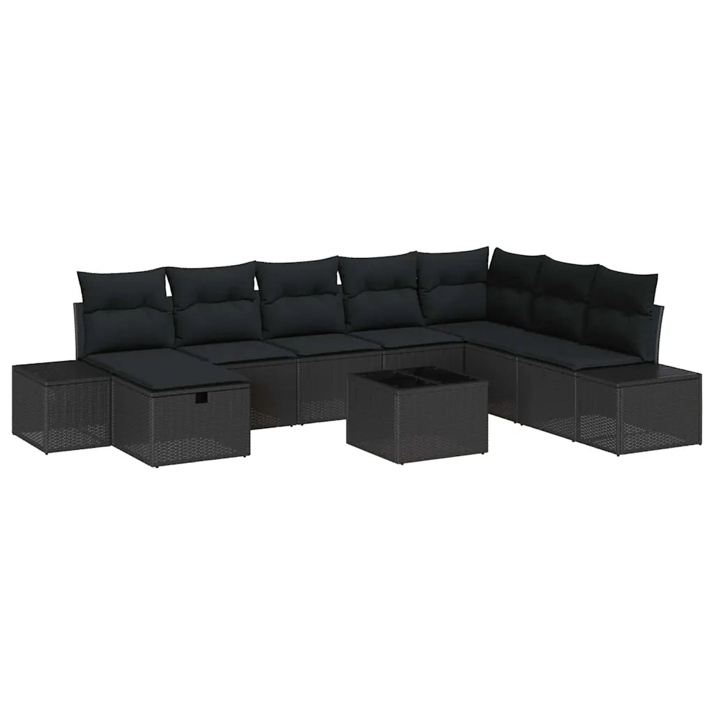 Set Divano da Giardino con cuscino 9 pcs Nero Poly Rattan