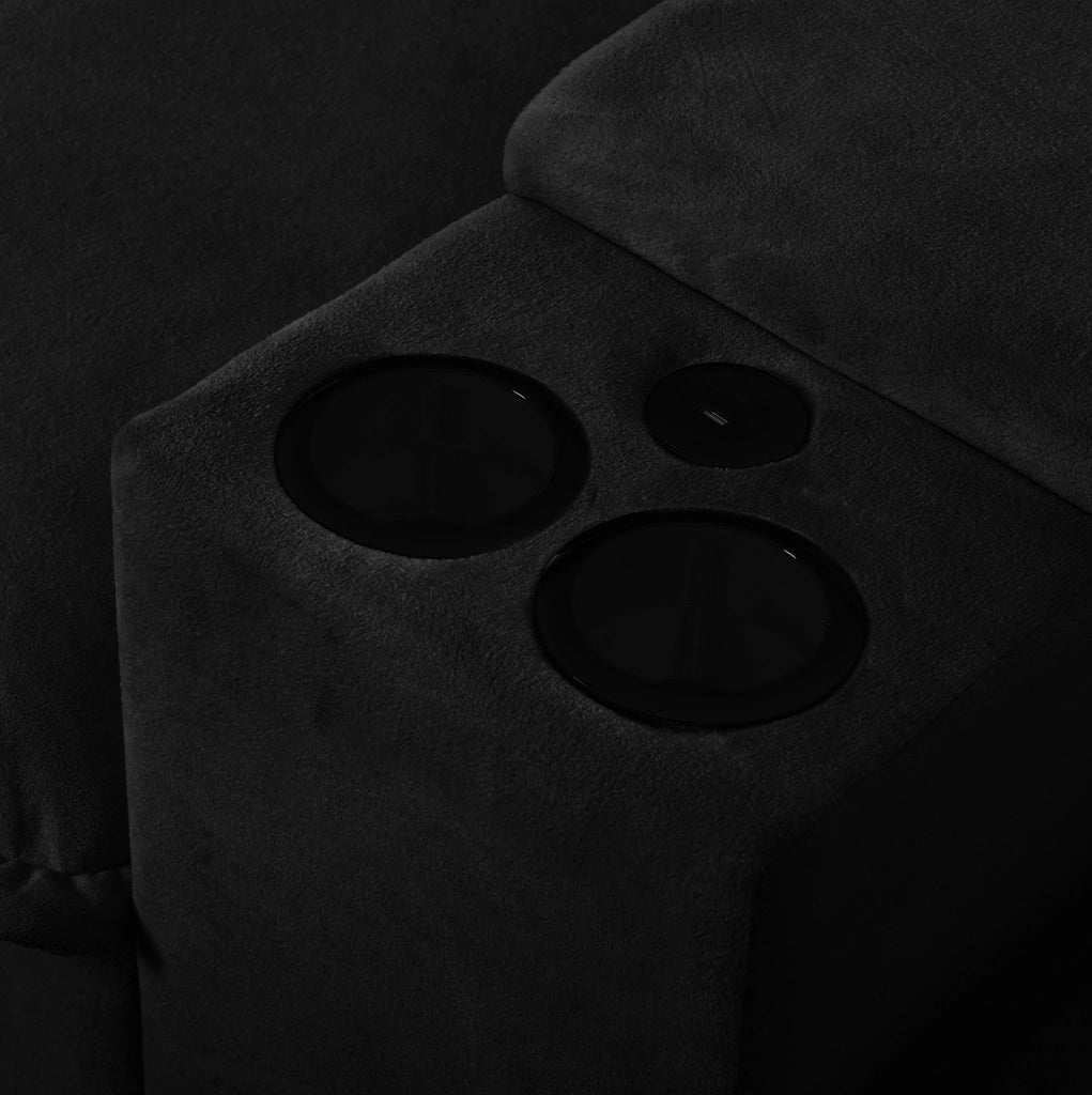Divano modulare Cloud in Chenille nero con portariviste, porta bicchieri, USB, 2 pouf e 2 cuscini, 224x155x90 cm