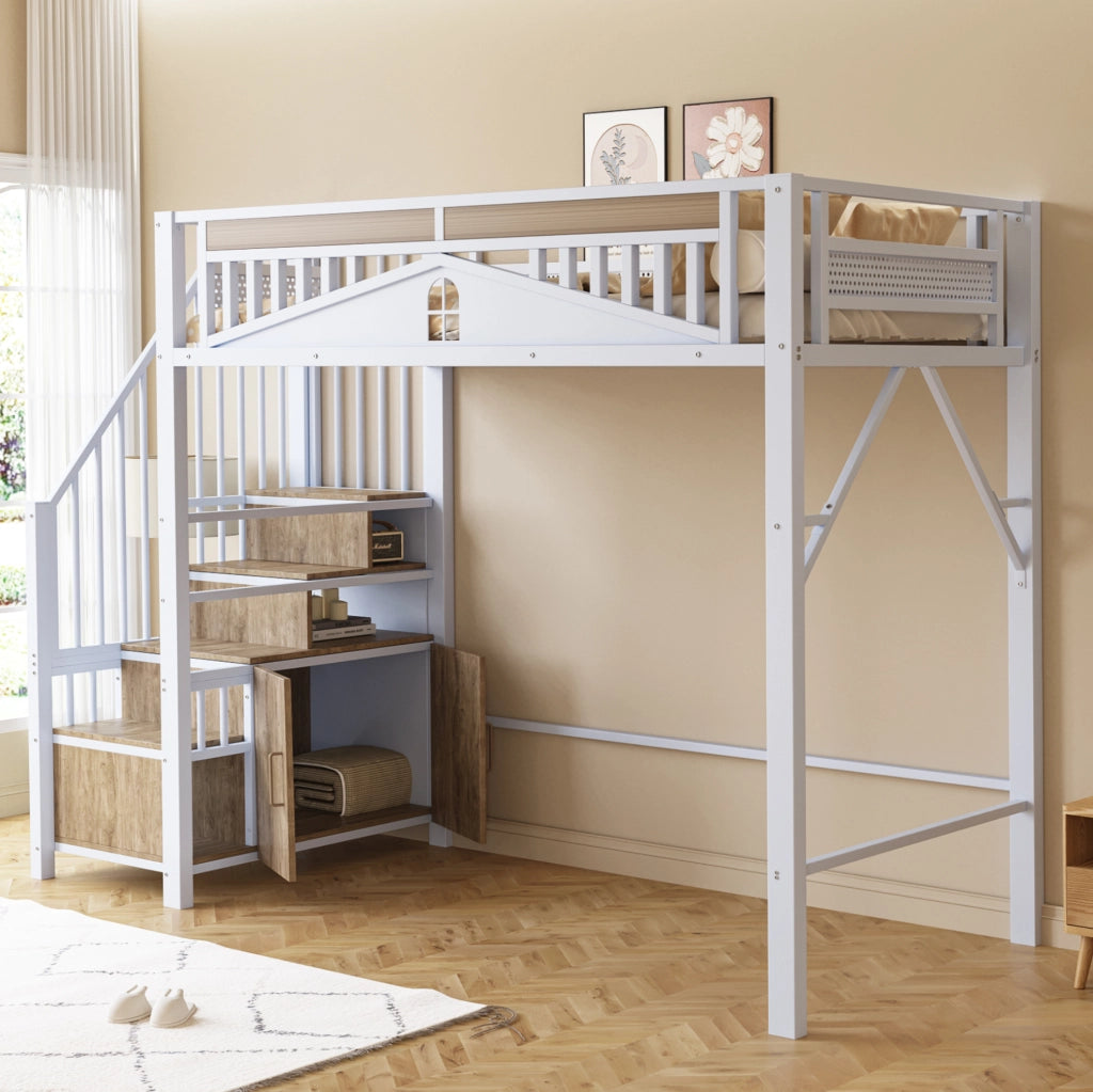 Letto a castello alto in metallo 90x200 cm con recinto di sicurezza a finestra e scala con armadietto, bianco