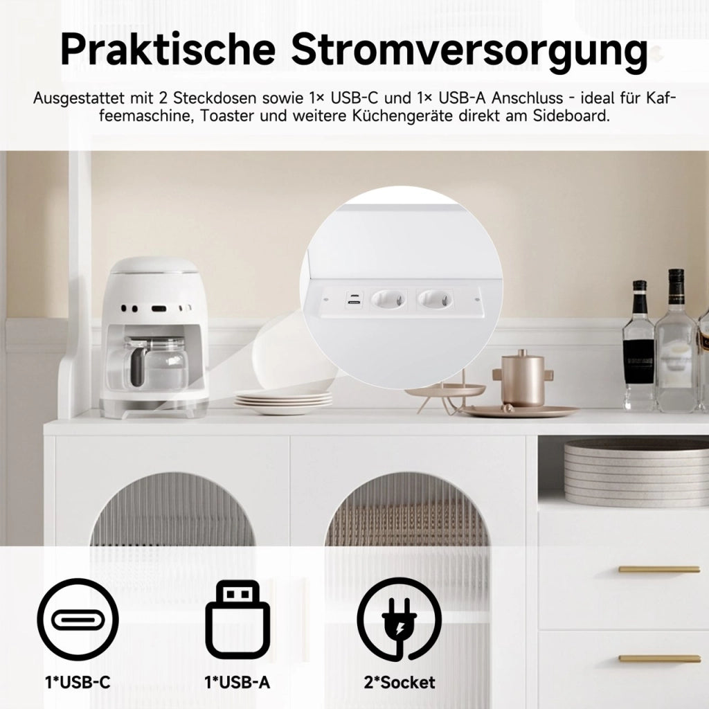 Credenza alta con frontali in acrilico ondulato; 2 prese; porte USB-A e USB-C; bianca; 120 × 40 × 178 cm