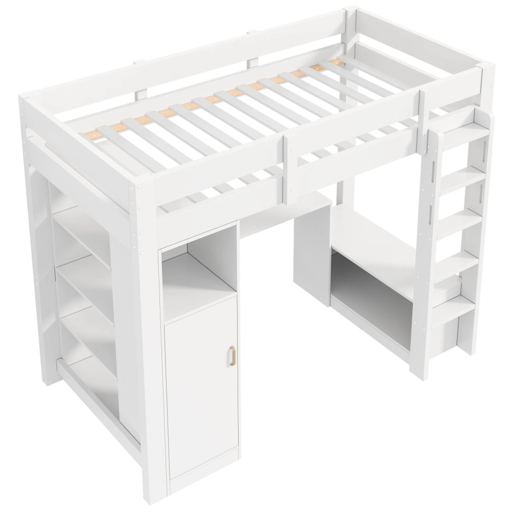 Letto a soppalco 90x200 con scrivania integrata; armadio e LED; bianco