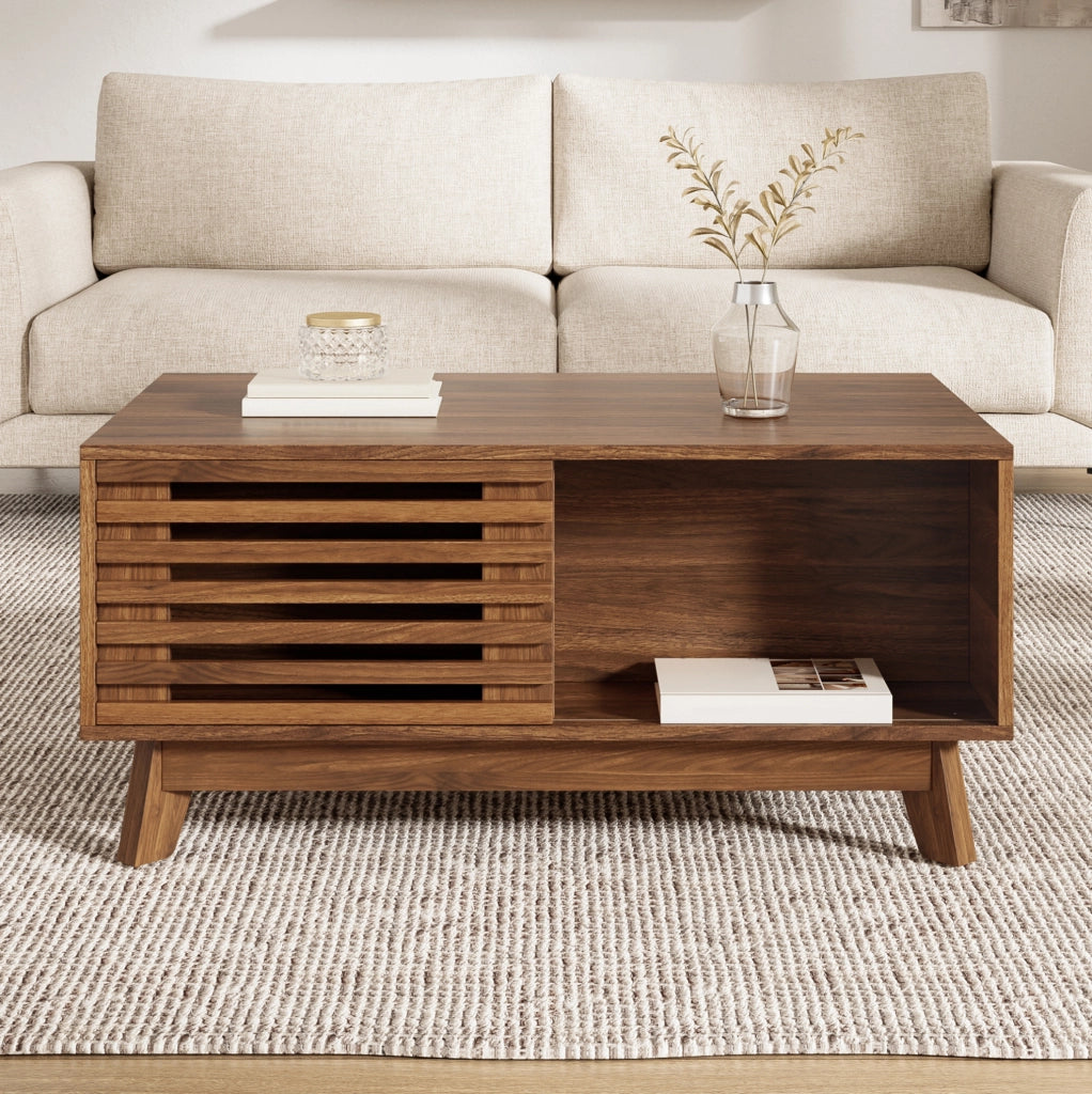 Tavolino da Salotto Moderno in MDF con Piano Regolabile, Porta a Persiana Scorrevole, Finitura Noce, 90x55x57,5 cm