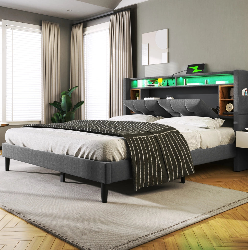 Letto matrimoniale imbottito ULEVR 160x200 cm con testiera contenitore, LED, 2 USB e 2 prese, grigio