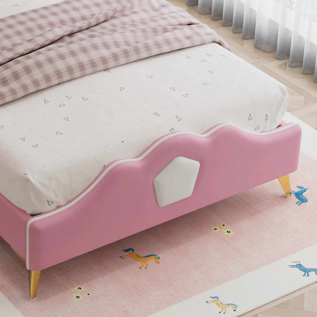 Letto singolo 90 × 200 cm con testiera a corona morbida in PU rosa e bianco