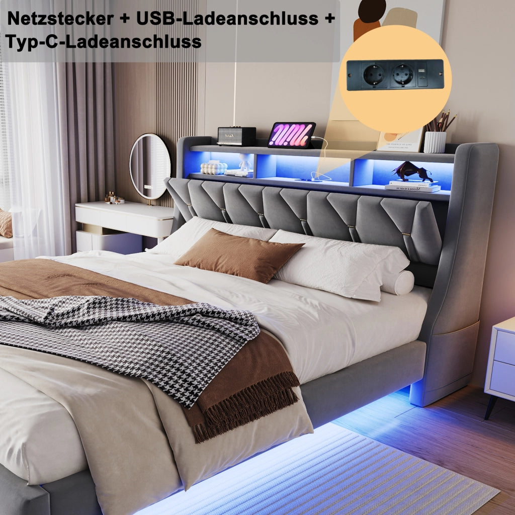 DESMIU Letto imbottito 180 × 200 cm 2 posti con USB, Type-C, LED e vani portaoggetti, senza materasso, grigio