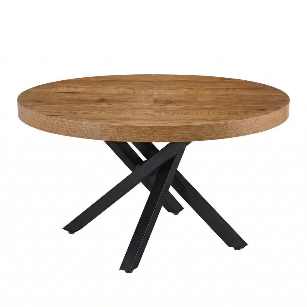 Tavolo Estensibile ZEFIRO con Piano Rovere e Gambe Incrociate in Metallo Nero, Ø120–160 cm