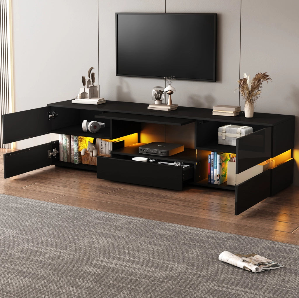Mobile TV moderno 160x39x45 cm con LED; 2 ante; 1 cassetto; finitura nero lucido