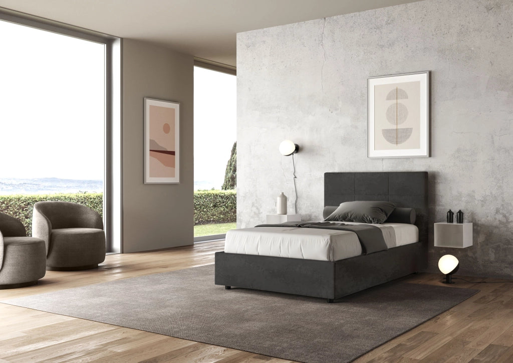 BS COM Letto una piazza e mezza contenitore imbottito 120x210 microfibra grigio