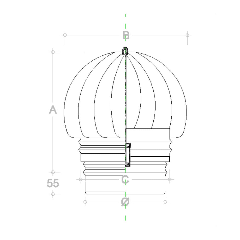 Fumaiolo da 160mm tipo radiante eolico inox aisi 304 base tonda innesto m maschio
