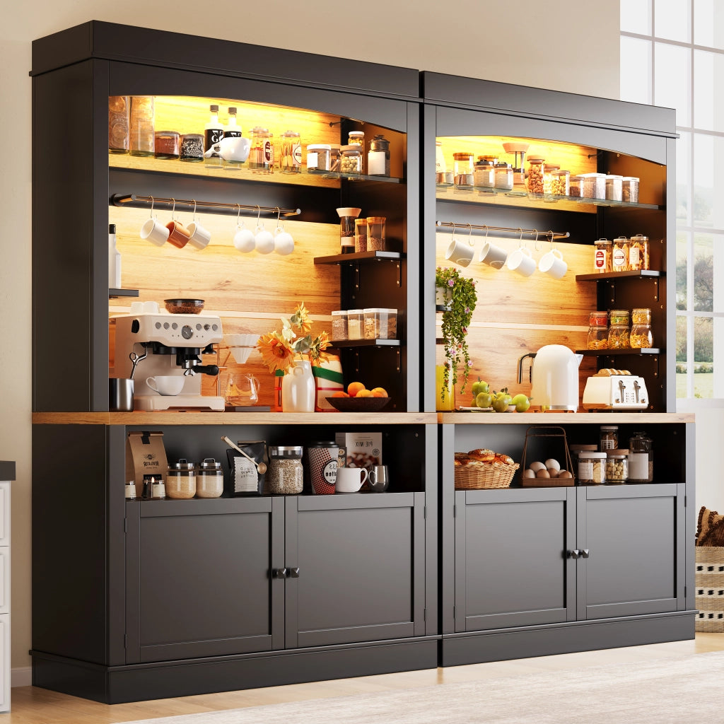 Credenza da cucina alta con ripiani LED, 2 ante e 6 ganci, per cucina e soggiorno, nera, 107 × 43 × 184 cm