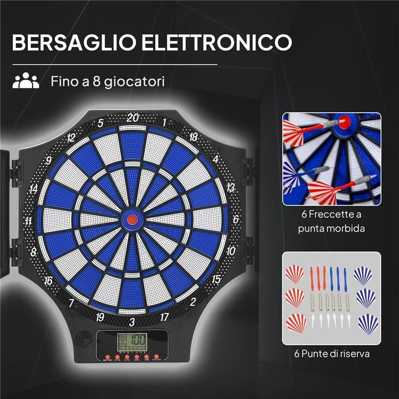 BERSAGLIO FRECCETTE ELETTRONICO CON 6 FRECCETTE E MONITOR LCD PER 31 GIOCHI, 83X45X4 CM, NERO E BLU
