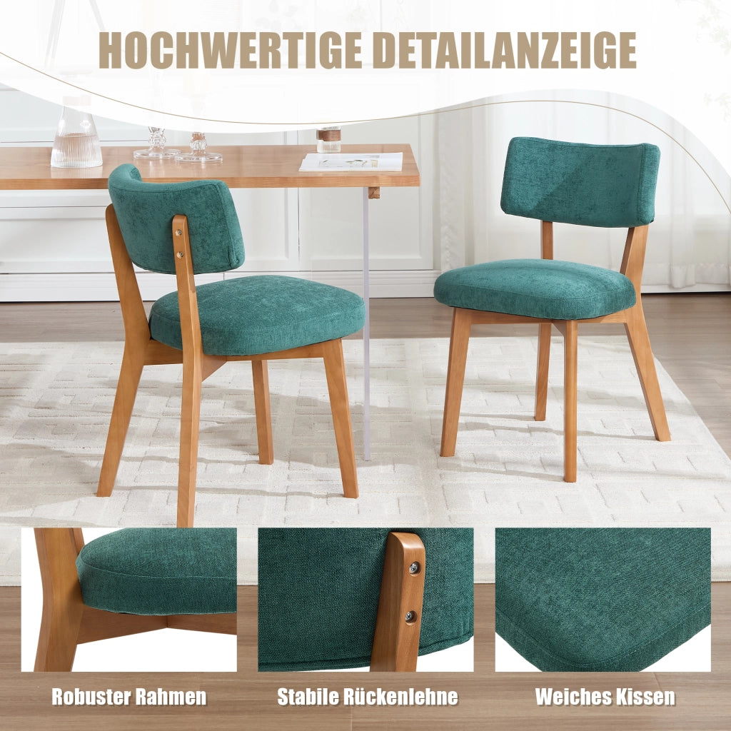 Sedie da sala da pranzo imbottite coppia con schienale ergonomico e gambe in legno massello, tessuto verde