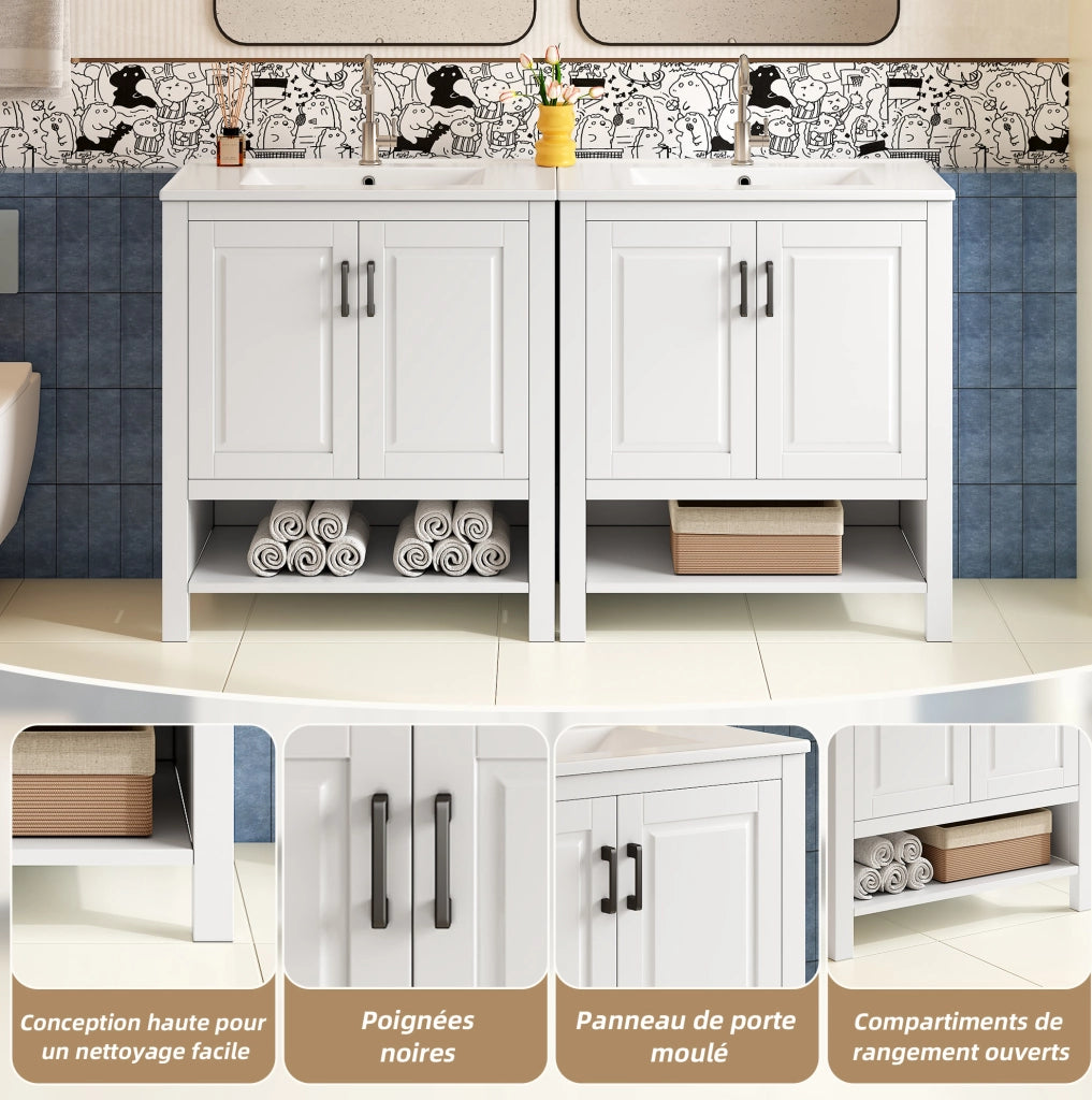 Mobile da bagno indipendente 76,5x47x83 cm con lavabo in ceramica integrato e doppia anta, finitura bianca completa