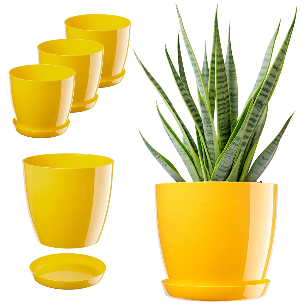 Vaso da fiori KADAX, coprivaso, 28 cm, supporto per fiori, con sottovaso, giallo, plastica, 3 pezzi.
