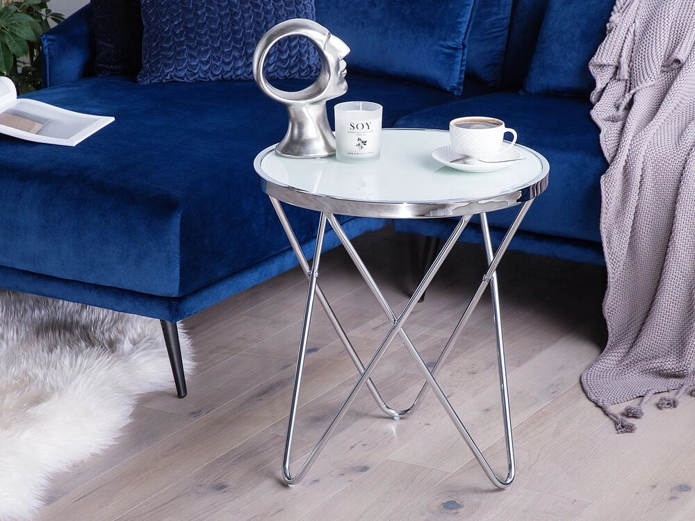 Tavolino Piano In Vetro Temperato Bianco Gambe A Forcella In Metallo Argento Forma Rotonda