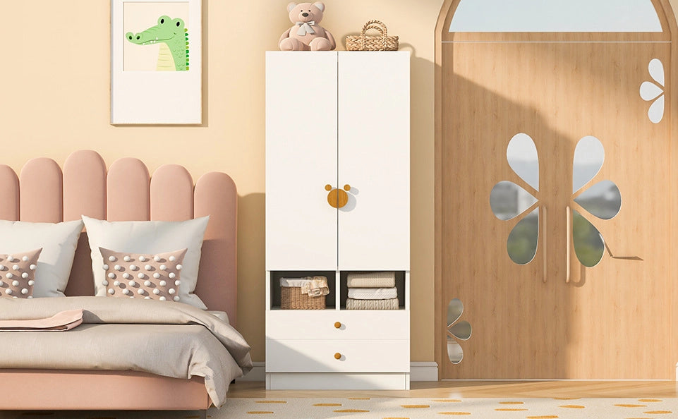 Armadio singolo bianco 70×50×170 cm con due cassetti, maniglie cartoon e piccoli vani portaoggetti