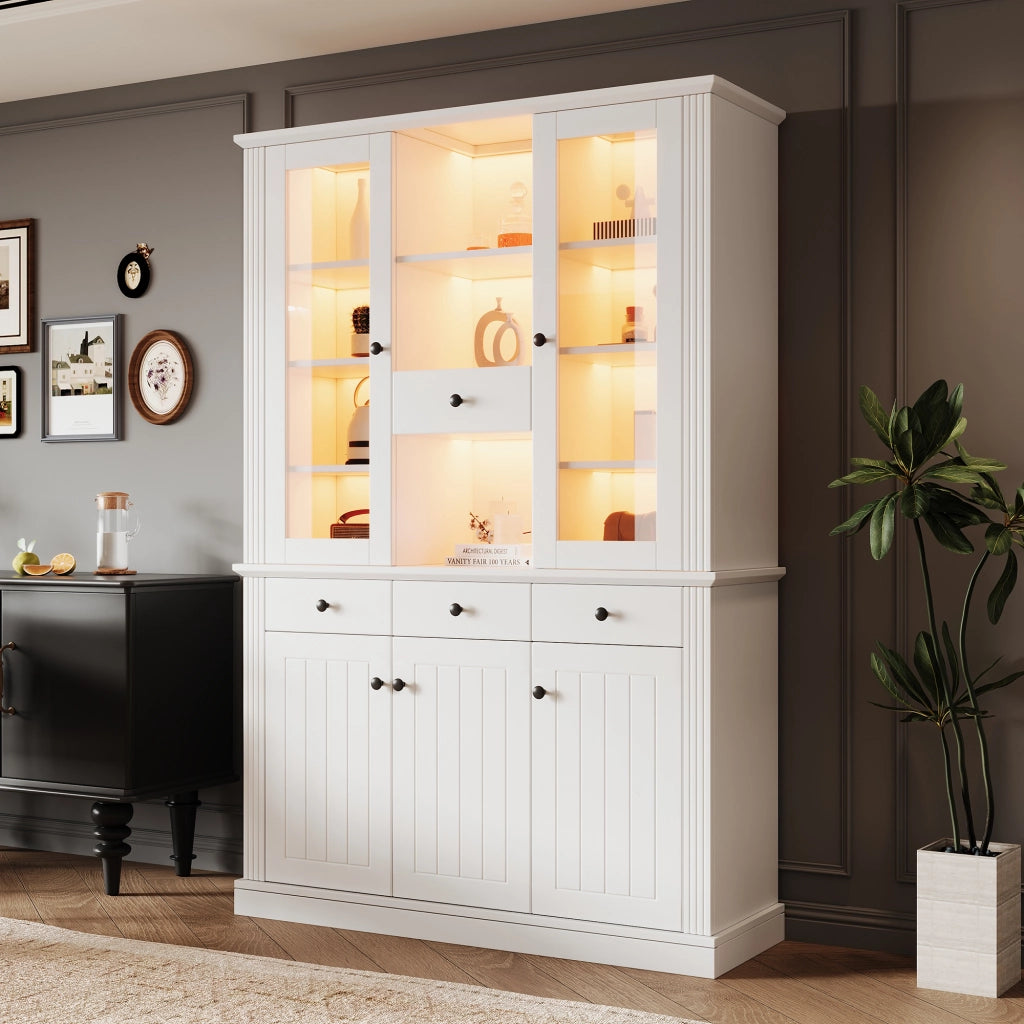 Vetrina con 5 ante; 4 cassetti e 21 vani con LED per soggiorno e sala da pranzo; in MDF bianco; 119.5×40×180 cm